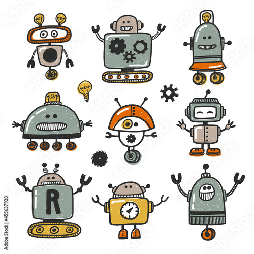 Robot character hand drawn illustration set. Super geek. Cute robot toy sticker collection. Grunge stylized living machine. Comic modern humanoid poster design element.