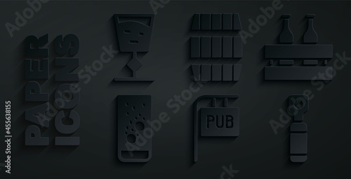 Set Street signboard with Pub, Pack of beer bottles, Effervescent tablets in water, Bottle opener, Wooden barrel and Wine glass icon. Vector