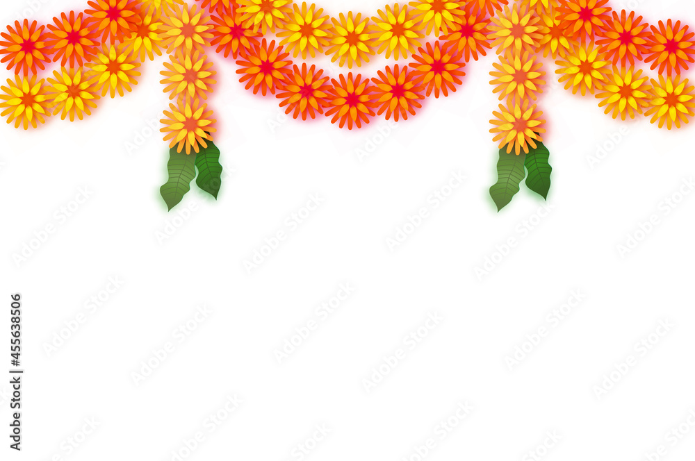 Marigold. Green Leaf Garland. Yellow Orange Paper Cut Flower. Indian Festival Flower and Mango leaf. Happy Diwali, Dasara, Dussehra, Ugadi. Decorative Elements for Indian Celebration. Marigold. Green Leaf Garland. Yellow Orange Paper Cut Flower. Indian Festival Flower and Mango leaf. Happy Diwali, Dasara, Dussehra, Ugadi. Decorative Elements for Indian Celebration.