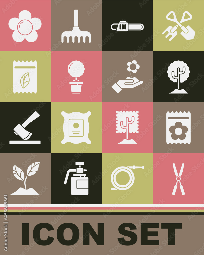 Set Gardening handmade scissors, Pack full of seeds of plant, Tree, Chainsaw, Flower pot, and Hand holding flower icon. Vector Set Gardening handmade scissors, Pack full of seeds of plant, Tree, Chainsaw, Flower pot, and Hand holding flower icon. Vector