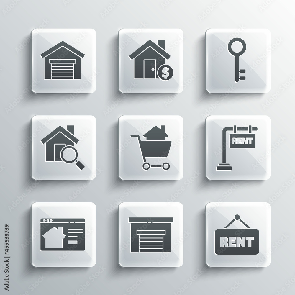 Set Garage, Hanging sign with Rent, Shopping cart house, Online real estate, Search, and House key icon. Vector