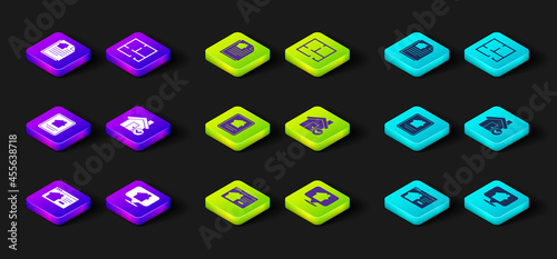 Set Online real estate house, Location with, House check mark, plan and contract icon. Vector