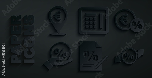 Set Finance document, Money coin with percent, Discount tag, Safe and Cash location icon. Vector