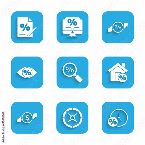Set Magnifying glass with percent, Safe, Clock and, House percant discount, Financial growth dollar, Eye, Discount tag and Finance document icon. Vector