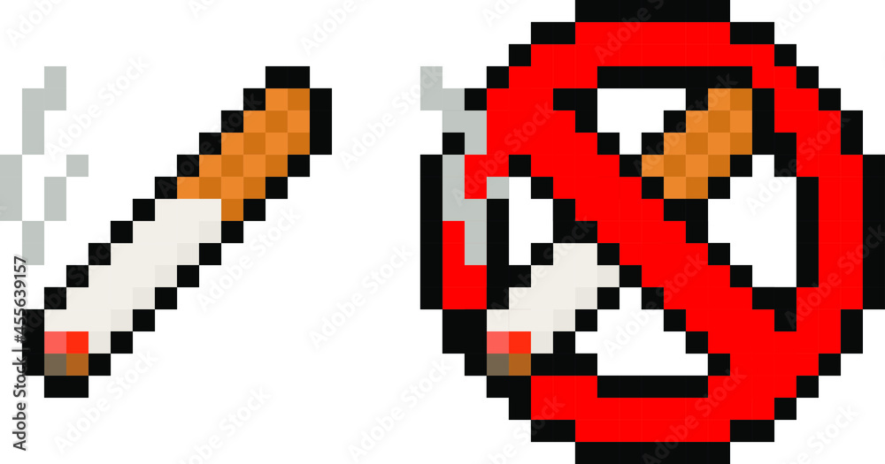 Pixel 8 bit gaming cigarette and no smoking sign - vector, isolated
