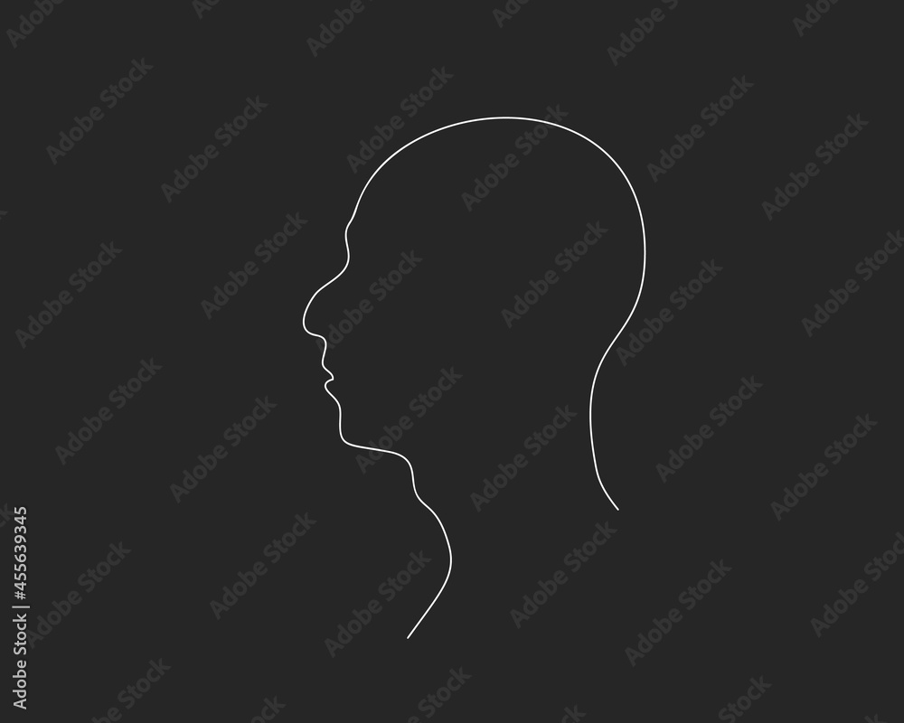Male head in profile with humped nose and Adam's apple on neck continuous one line drawing, Vector graphics minimalist linear illustration made of single white line on black background