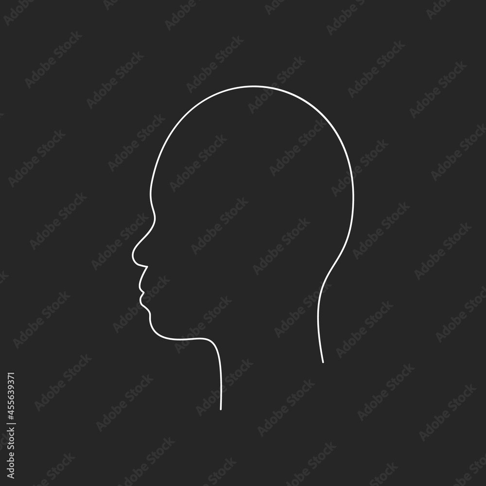Asian non-binary head in profile with small snub nose continuous one line drawing, Vector graphics minimalist linear illustration made of single white line on black background Asian non-binary head in profile with small snub nose continuous one line drawing, Vector graphics minimalist linear illustration made of single white line on black background
