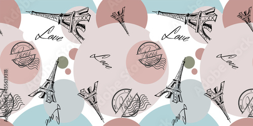 Seamless pattern with the symbols of France. Eiffel tower, coffee, lavender, love, print paris