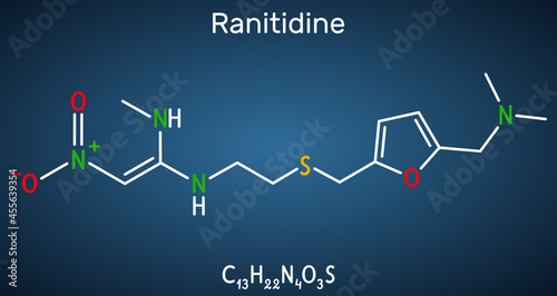 Ranitidine  molecule. It is used for treatment of peptic ulcer disease. Structural chemical formula on the dark blue background. Vector illustration photo