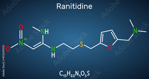 Ranitidine  molecule. It is used for treatment of peptic ulcer disease. Structural chemical formula on the dark blue background. Vector illustration