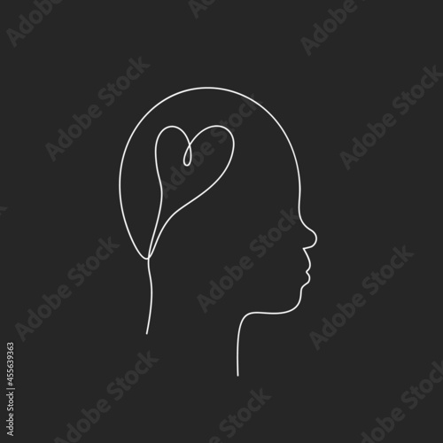 Heart in non-binary human head, Asian face in profile with snub nose continuous one line drawing, Vector graphics minimalist linear illustration made of single white line on black background