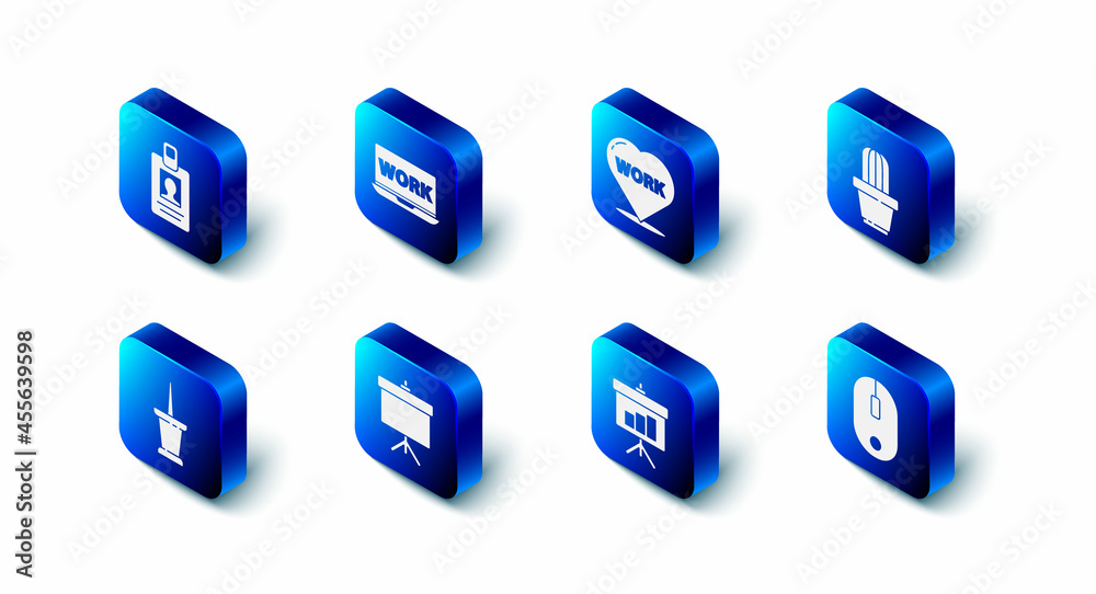Set Laptop with text work, Heart, Cactus and succulent in pot, Computer mouse, Chalkboard diagram, Push pin and Identification badge icon. Vector Set Laptop with text work, Heart, Cactus and succulent in pot, Computer mouse, Chalkboard diagram, Push pin and Identification badge icon. Vector