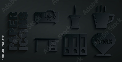 Set Office folders, Coffee cup, desk, Heart with text work, Push pin and Movie, film, media projector icon. Vector