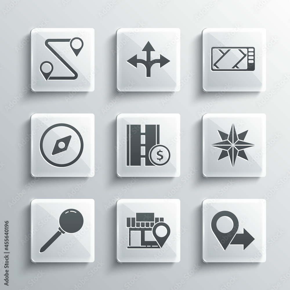 Set Location with store, Wind rose, Toll road traffic sign, Push pin, Compass, Route location and Gps device map icon. Vector Set Location with store, Wind rose, Toll road traffic sign, Push pin, Compass, Route location and Gps device map icon. Vector