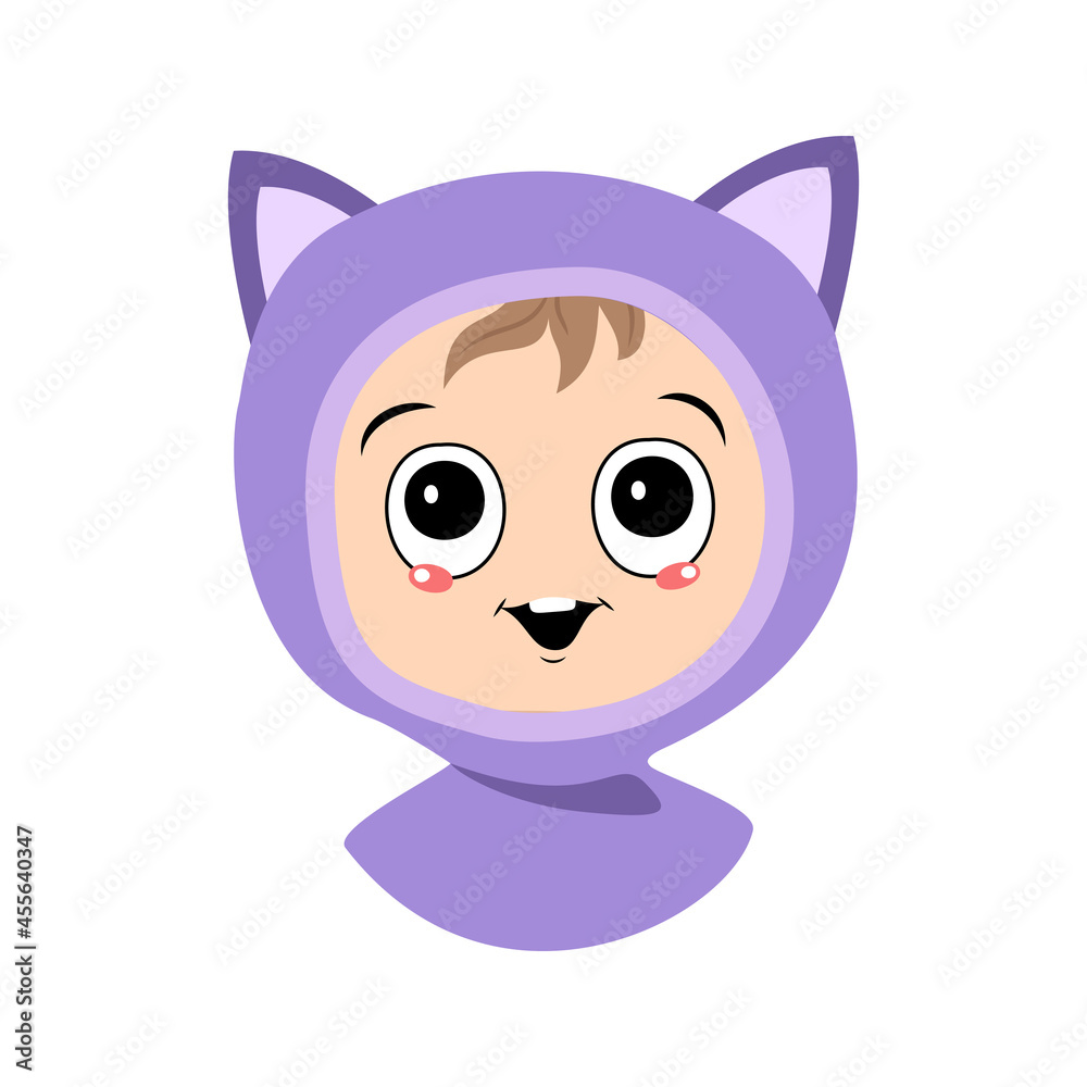 Avatar of a child with big eyes and a wide smile in a cat hat. A cute kid with a joyful face in an autumnal or winter headdress. Head of adorable baby with happy emotions