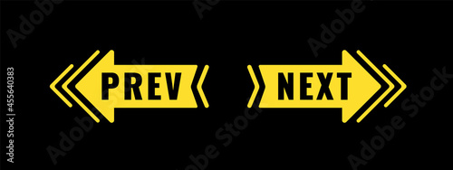 Bright Arrows with world Next and previous. Yellow arrow right and left on black. photo