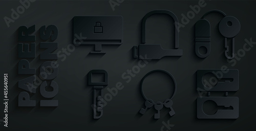 Set Bunch of keys, House with, Key, Casting, Bicycle lock and Lock on computer monitor icon. Vector