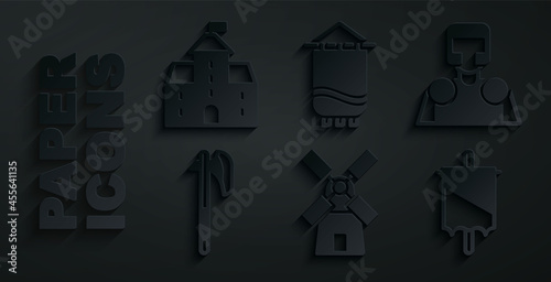 Set Windmill, Medieval knight, axe, flag, and Castle, fortress icon. Vector