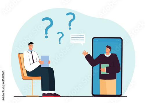 Person in online interview, passing entrance test or exam. Flat vector illustration. Man answering questions while sitting in front of huge smartphone screen. Interview, job, Internet concept