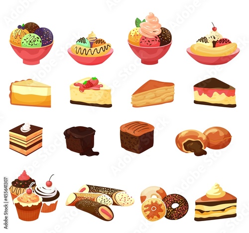 Dessert food, sweet cake set, vector illustration, chocolate pastry from bake...