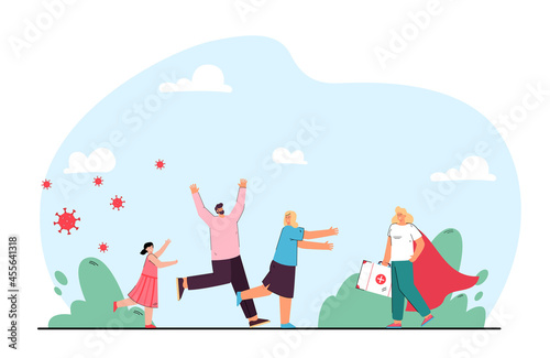 Family happily meeting medical worker as superhero. Flat vector illustration. Mother, father and daughter running towards doctor in superhero cape, with medical case. Medicine, help, power concept