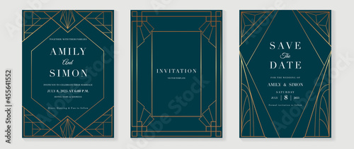 Art deco wedding invitation card vector. Luxury classic antique cards design for VIP invite, Gatsby invitation gold, Fancy party event, Save the date card and Thank you card. Vector illustration.