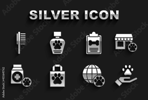 Set Shopping bag pet, Veterinary hospital, Hands with animals footprint, World, Bag of food, Clinical record, Pets vial medical and shampoo icon. Vector