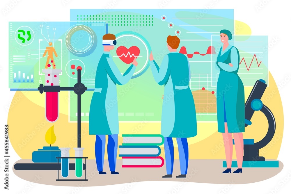 Medicine healthcare with digital technology, vector illustration, flat man woman character work in modern hospital, doctor in virtual reality glasses.