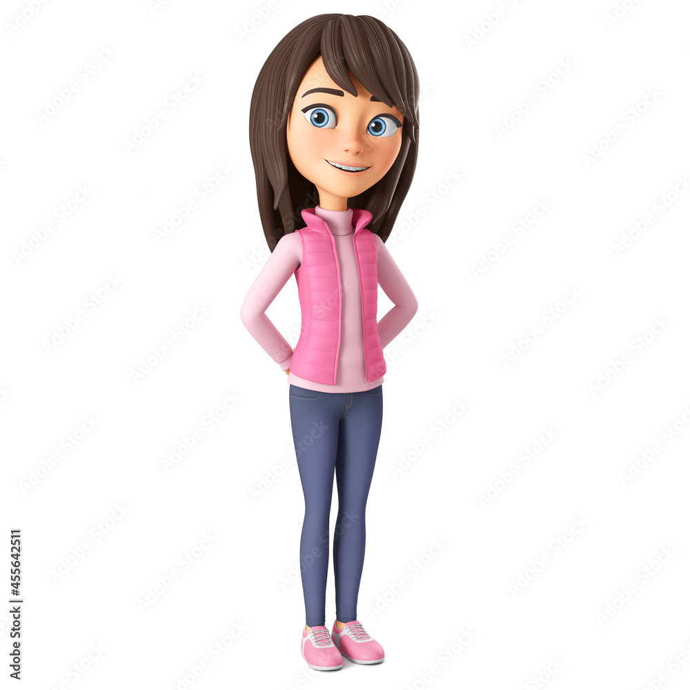 Character cartoon beautiful modest girl in a pink jacket on a white background. 3d render illustration. Character cartoon beautiful modest girl in a pink jacket on a white background. 3d render illustration.