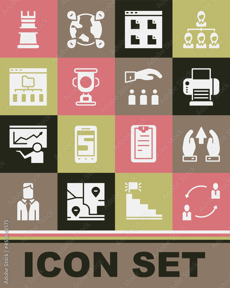 Set Human resources, Growth chart and progress, Printer, Browser files, Award cup, Business strategy and Boss with employee icon. Vector Set Human resources, Growth chart and progress, Printer, Browser files, Award cup, Business strategy and Boss with employee icon. Vector