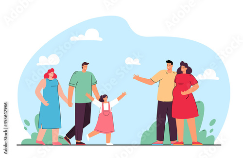 Friendship of families flat vector illustration. Couple expecting baby and parents with daughter meeting outdoors, spending time together. Friendship, family, nature concept for banner design