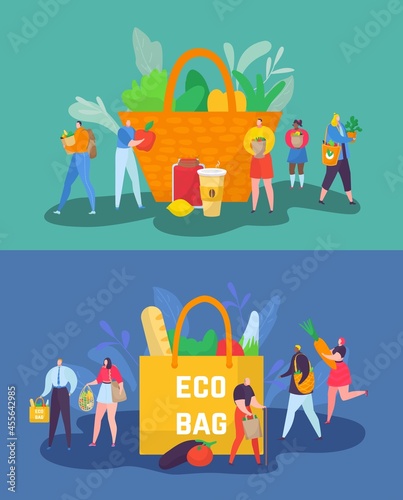 Eco friendly shopping concept, vector illustration, tiny man woman character ...