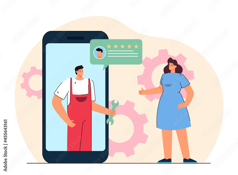 Online repair service with reviews. Flat vector illustration. Woman browsing available repair options with her smartphone. Internet, application, repair, service concept for banner design Online repair service with reviews. Flat vector illustration. Woman browsing available repair options with her smartphone. Internet, application, repair, service concept for banner design