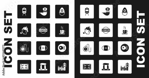 Set British police helmet, London sign, Sherlock Holmes, Tram and railway, Cup of tea with tea bag, Smoking pipe, breakfast and Watch chain icon. Vector