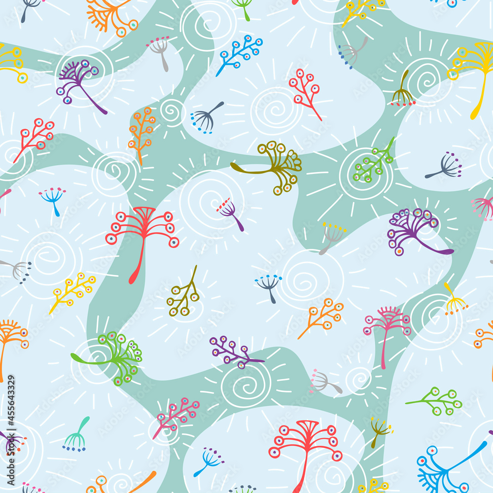 Hand drawn seamless flowers print. Simple boho seamless pattern with flowers, sun and leaves. Vector