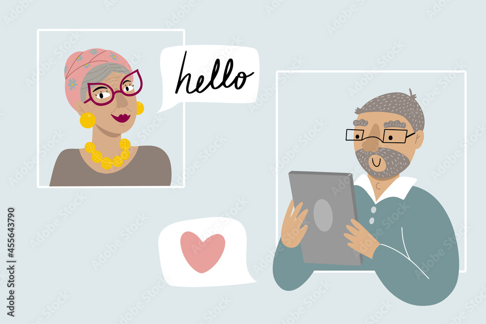 Old man and old lady having a date online using tablet, doodle vector illustration Old man and old lady having a date online using tablet, doodle vector illustration