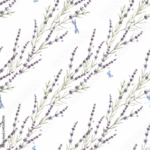 Beautiful vector seamless floral provence pattern with watercolor hand drawn gentle lavander flowers. Stock illustration.