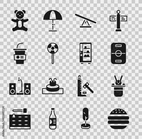 Set Burger, Magician hat and rabbit, Hockey table, Seesaw, Lollipop, Paper glass with water, Teddy bear plush toy and Vending machine icon. Vector