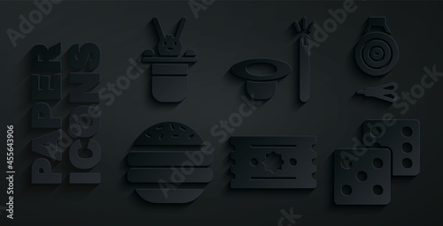 Set Ticket, Classic dart board and arrow, Burger, Game dice, Magic hat wand and Magician rabbit icon. Vector