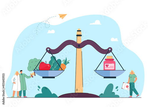 Tiny doctors and huge scales. Flat vector illustration. Healthy food, fruits and vegetables on one side of scale, vitamins on opposite side. Health, diet, treatment, medicine concept for banner design