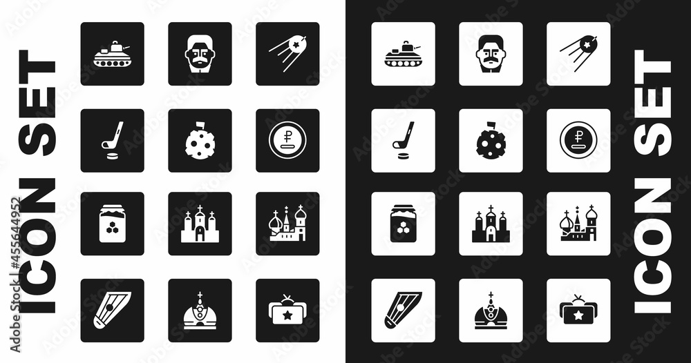 Set Satellite, Moon with flag, Ice hockey stick and puck, Military tank, Rouble, ruble currency, Joseph Stalin, Saint Basil's Cathedral and Jar of honey icon. Vector Set Satellite, Moon with flag, Ice hockey stick and puck, Military tank, Rouble, ruble currency, Joseph Stalin, Saint Basil's Cathedral and Jar of honey icon. Vector