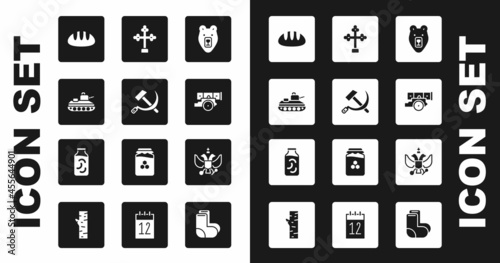 Set Bear head, Hammer and sickle USSR, Military tank, Bread loaf, Cannon, Christian cross, National emblem of Russia and Pickled cucumbers in jar icon. Vector