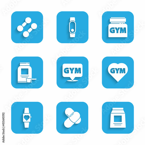 Set Location gym, Sports nutrition, Fitness heart, Smartwatch, and Dumbbell icon. Vector