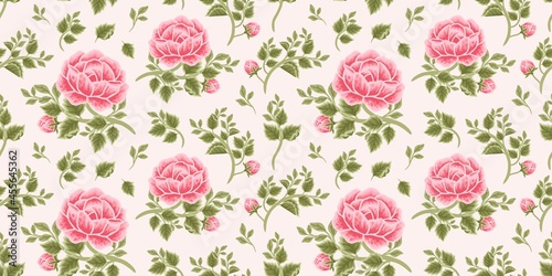 Vintage floral seamless pattern of pink rose bouquet, flower buds and leaf branch arrangements