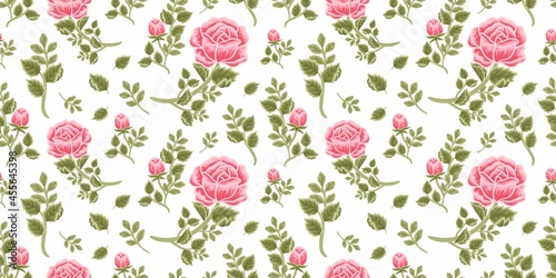 Vintage floral seamless pattern of pink rose bouquet, flower buds and leaf branch arrangements