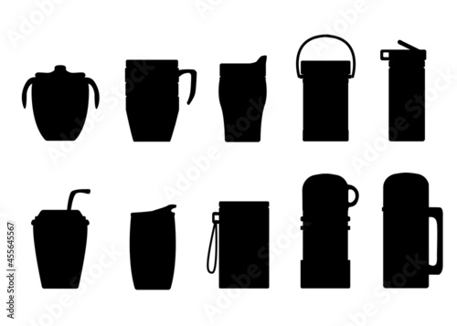 Silouette set of thermos, mug, drinker, cup with lid, straw, paper cup. Vector isolated illustration, white background.