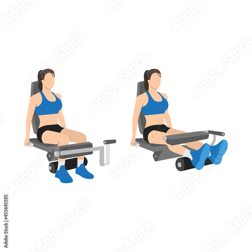 Woman doing Seated leg curls exercise. Flat vector illustration isolated on white background
