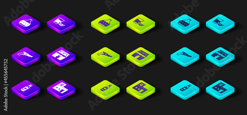 Set Tabasco sauce, Mexican house, Revolver gun, Huehuetl, Tequila glass with lemon and bottle icon. Vector