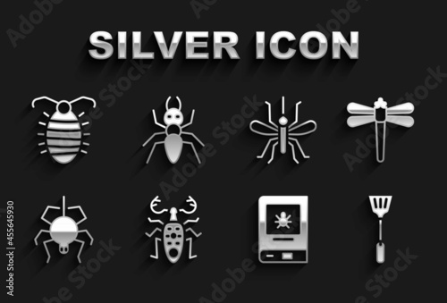 Set Beetle deer, Dragonfly, Fly swatter, Book about insect, Spider, Mosquito, Larva and Ant icon. Vector