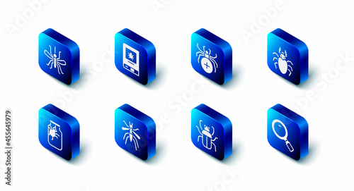 Set Book about insect, Spider, Beetle deer, Magnifying glass, Stink bug, Mosquito, jar and icon. Vector